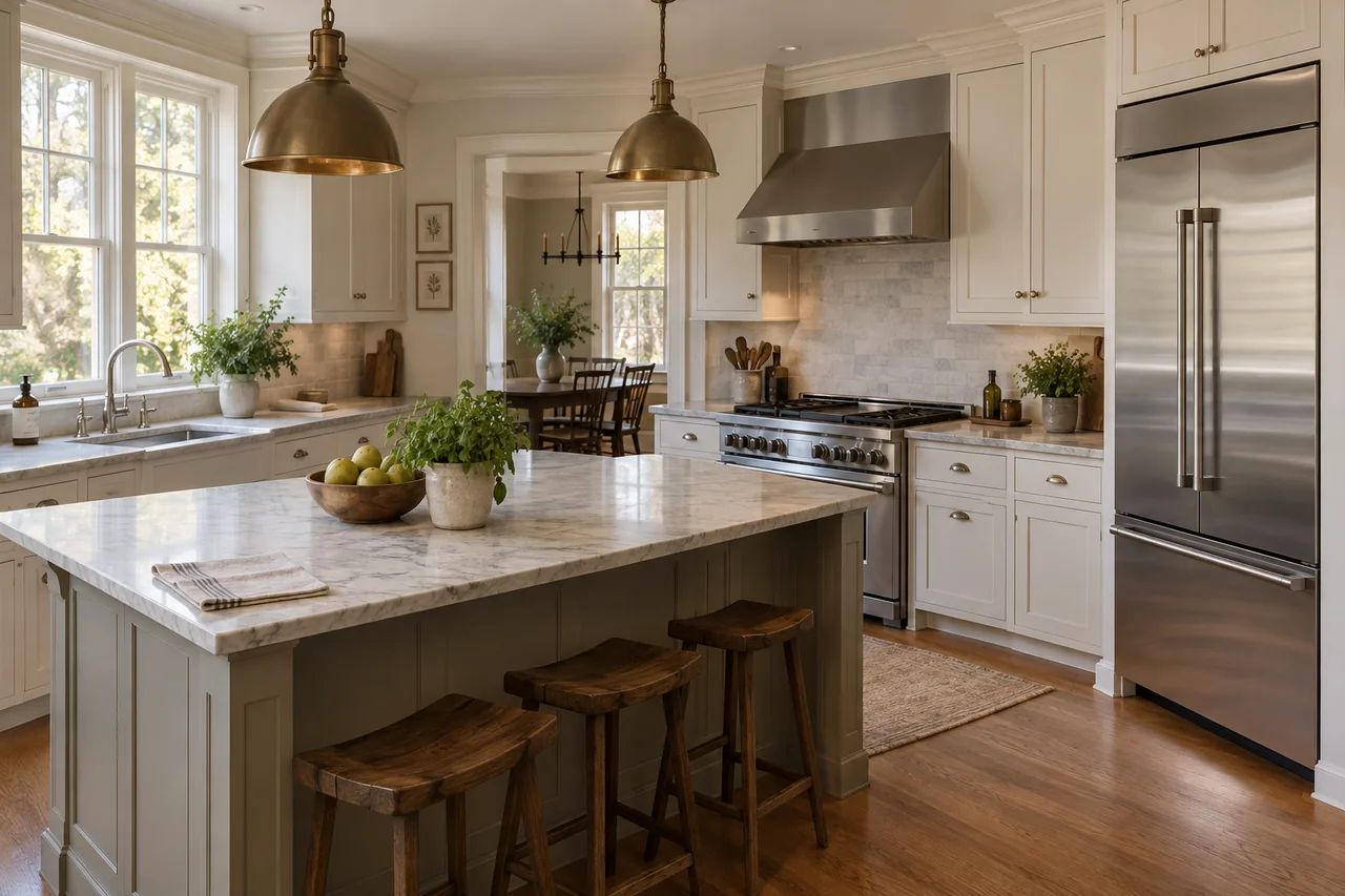 Naturally lit kitchen with a stainless built-in refrigerator and professional gas range.