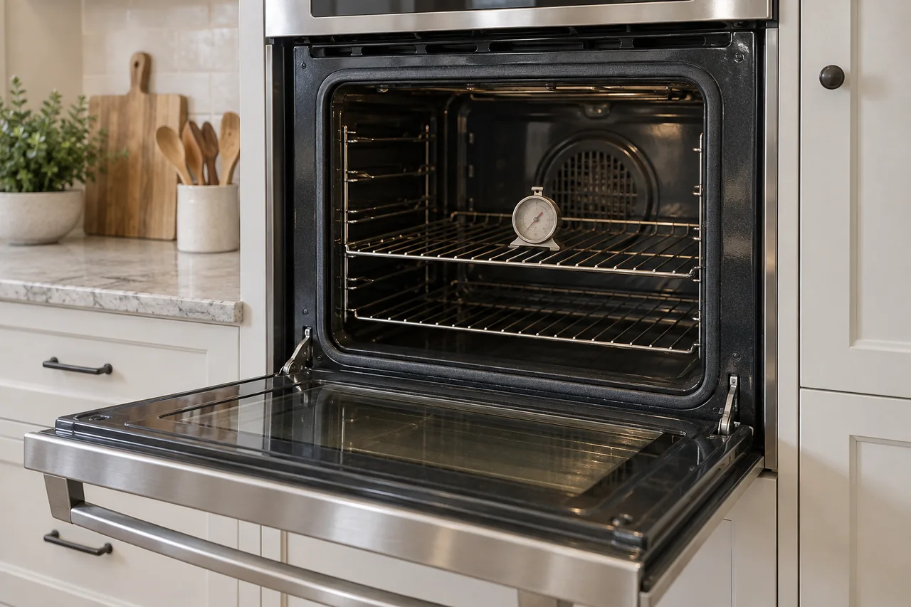 Open stainless wall oven with a standalone thermometer on its middle rack.