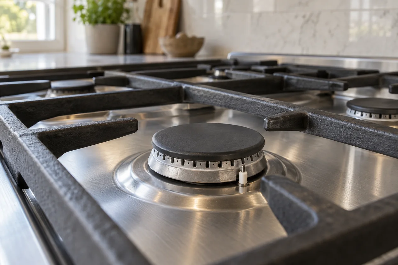 Cool stainless gas range burner with a seated cap and ceramic ignition electrode.