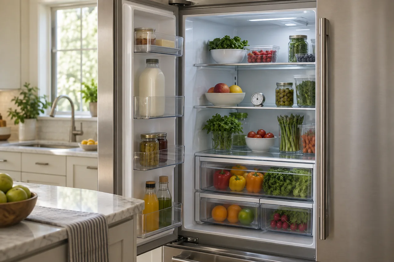 Open stainless built-in refrigerator with food on glass shelves and a standalone thermometer on the middle shelf.