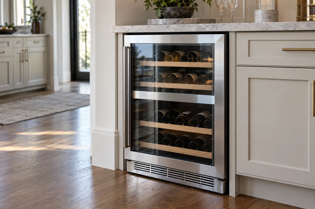 Glass-front two-zone wine cooler with bottles resting on wooden shelves.