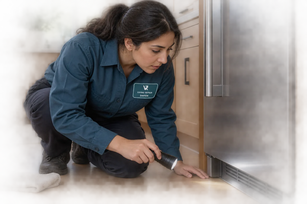 Illustrative technician inspecting the floor at a refrigerator base in a Darien uniform.